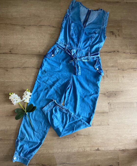 Macacão Jeans Longo Feminino Com Cinto - Klepton - Chiaro di Luna